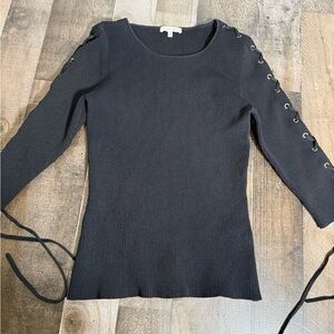 Ronny Kobo Ribbed Knit Lace Up Sleeve Top Black Long Sleeve Fitted Minimalist M